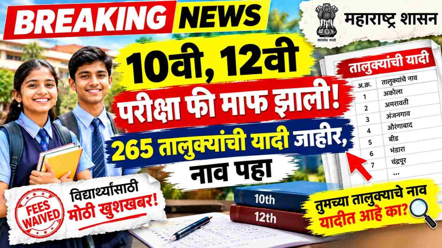 10वी 12वी परीक्षा फि माफ झाली! 265 तालुक्यांची यादी जाहीर, नाव पहा SSC HSC Exam Fee Waiver